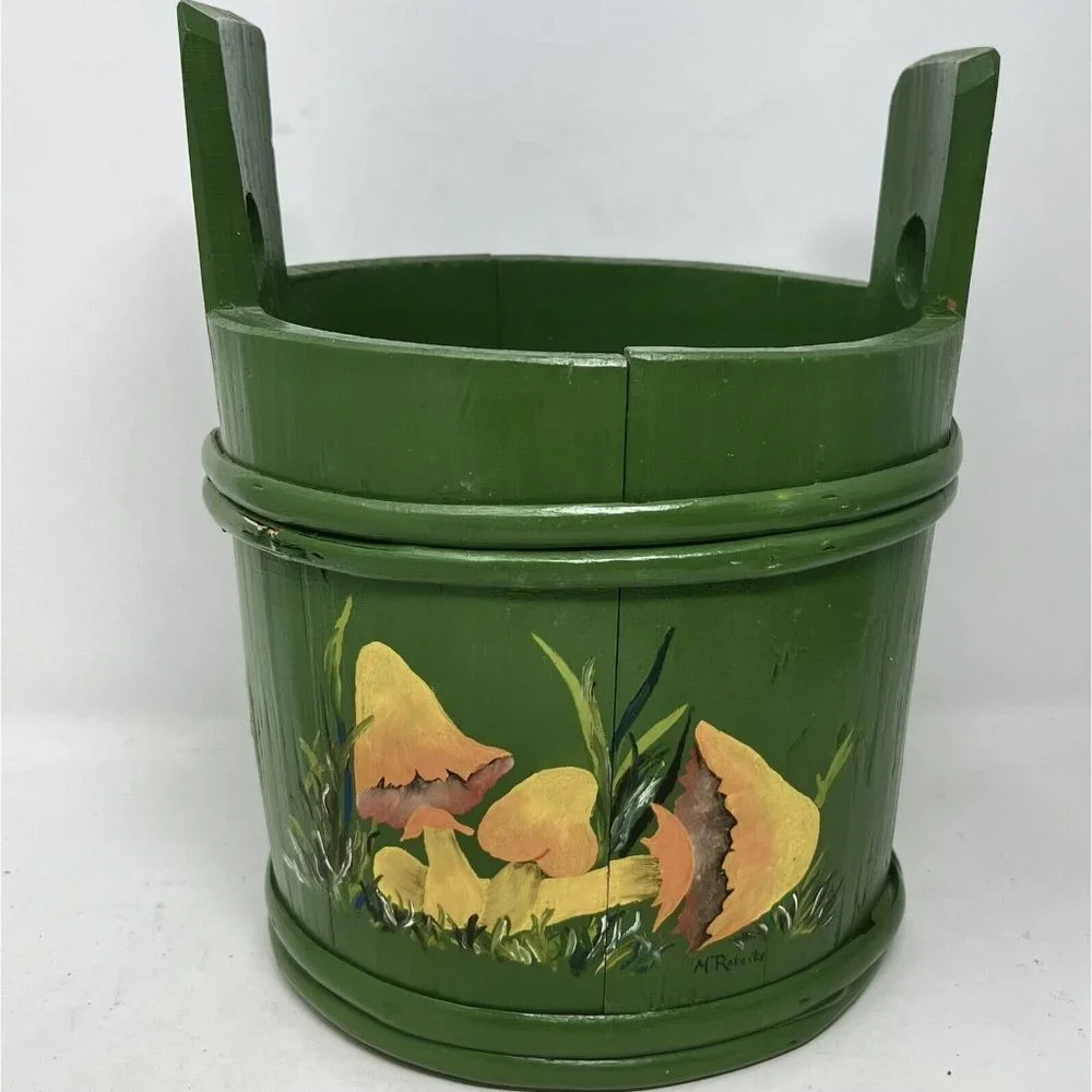 Wood Bucket Painted Mushrooms  Vintage Folk Art Tole Painting Planter Decor  10